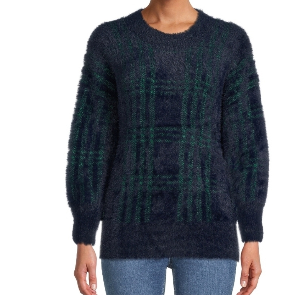 Time and Tru Women's Eyelash Navy & Green Pullover Sweater, Size S, NWOT